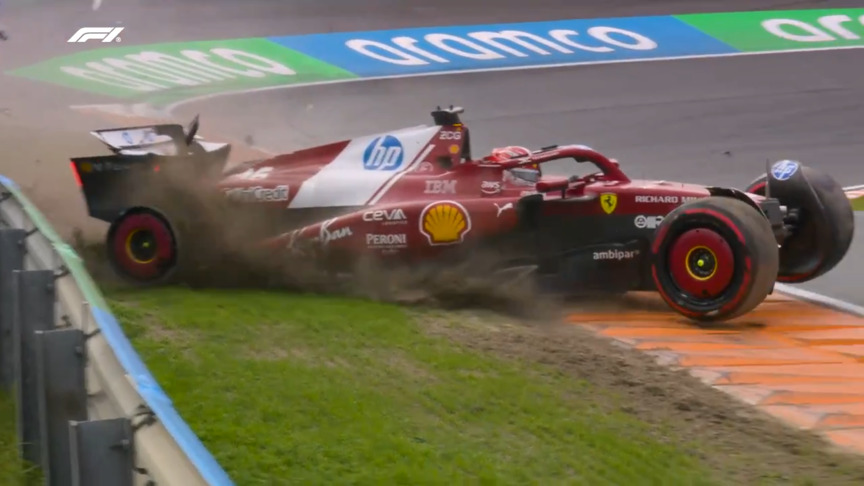 2025 Dutch Grand Prix: Leclerc crashes out after Antonelli spins the Ferrari into the wall